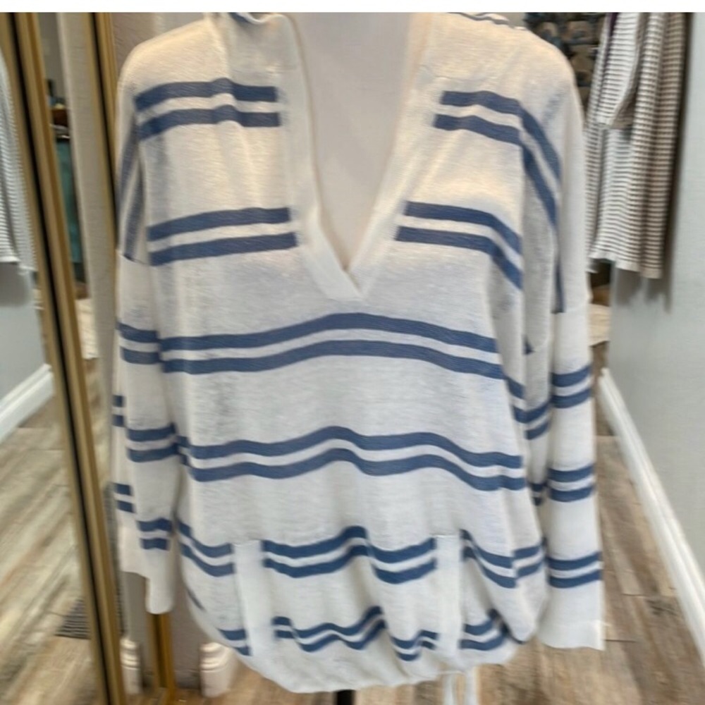 Blue and White Striped Women's Linen Hoodie